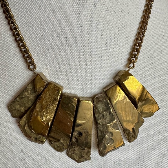 Artisan Stone Bib Necklace Raw Ochre Jasper Look Chunky Gold Chain Statement